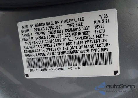 2005 Honda Odyssey Ex-L from USA, damaged, VIN 5FNRL386X5B133026